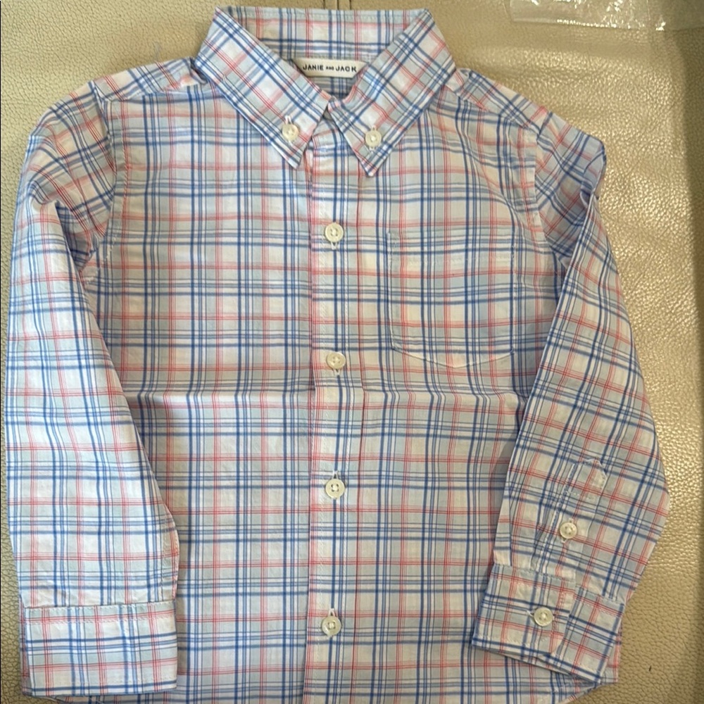Janie and Jack Blue and Red Button Down Shirt Classic Plaid